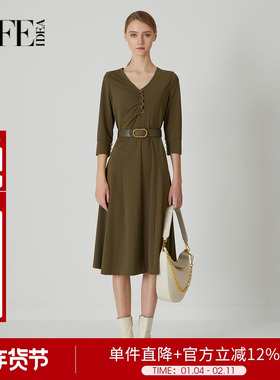 莱芙艾迪儿品牌女装连衣裙新款复古橄榄绿气质v领裙子1E1L94031