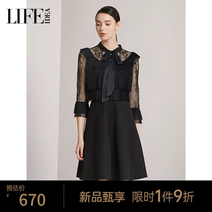 透视蕾丝网纱拼接优雅气质收腰连衣裙女春季 品牌女装 新品 长袖