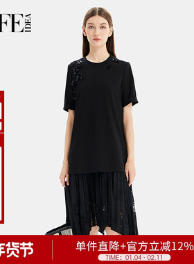 莱芙艾迪儿不规则拼接蕾丝连衣裙秋季休闲通勤T恤裙1V1L93162