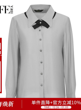 莱芙艾迪儿光泽感浅灰色长袖衬衫春季领带上衣女1E1C34128