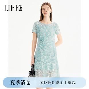 莱芙艾迪儿法式甜美蕾丝短袖连衣裙女士女装夏季时尚收腰显瘦裙子