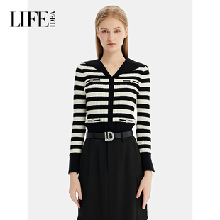 莱芙艾迪儿通勤百搭2025年秋冬经典修身黑白条纹针织衫V领上衣女