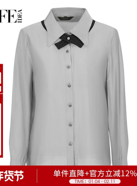 莱芙艾迪儿光泽感浅灰色长袖衬衫春季领带上衣女1E1C34128