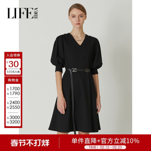 莱芙艾迪儿小黑裙气质V领连衣裙复古灯笼袖裙子小礼服1E1L94164