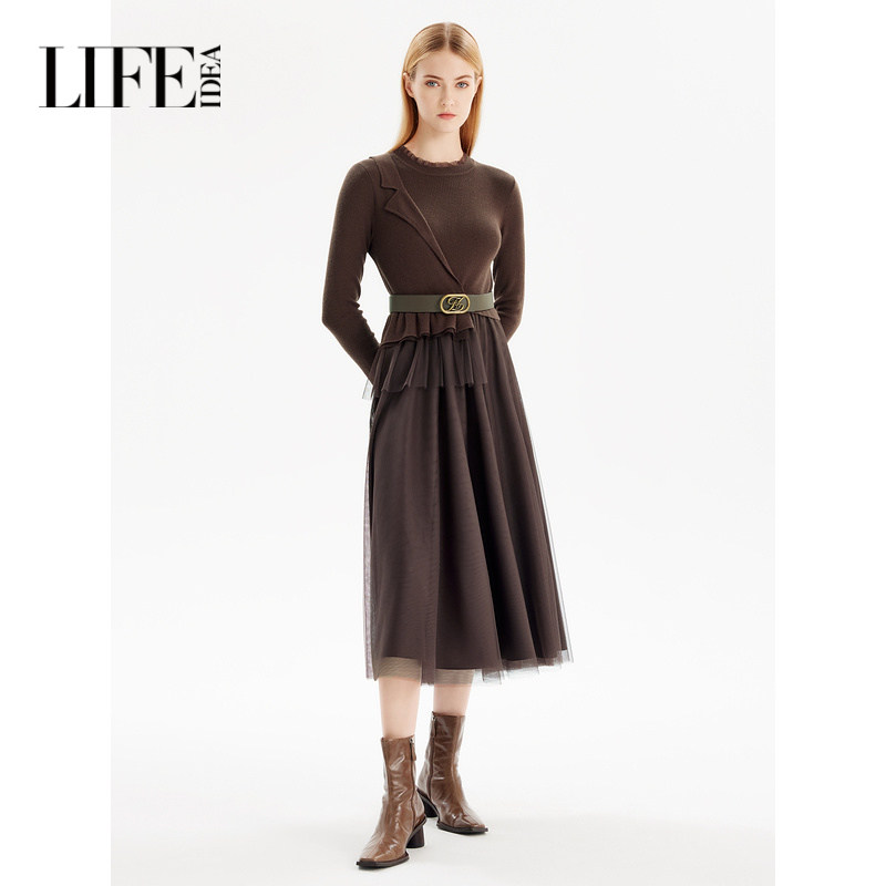 莱芙艾迪儿冬季新款经典复古优雅知性针织连衣裙女修身显瘦精致裙