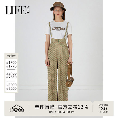 莱芙艾迪儿复古印花背带裤高腰宽松阔腿裤夏季裤子1E2K78204