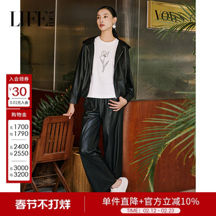 莱芙艾迪儿时髦港风个性PU皮阔腿裤女都市通勤干练利落质感裤子