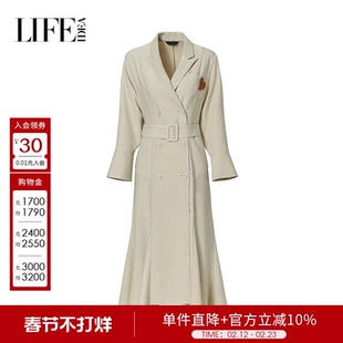 莱芙艾迪儿商场同款气质秋季新款率性都市戗驳领中长袖连衣裙女