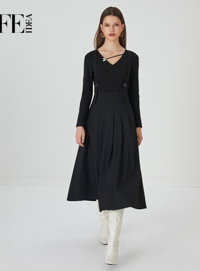 莱芙艾迪儿高腰背带裙遮肉显瘦文艺黑色百褶裙半身裙1E3Q83145