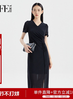 莱芙艾迪儿复古V领小黑裙高级感轻熟小众黑色连衣裙女夏3V2L93434