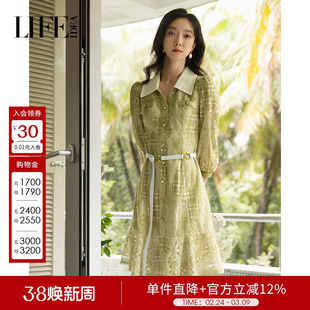 莱芙艾迪儿品牌女装夏季新款裙子中长袖衬衫蕾丝连衣裙1E1L94013