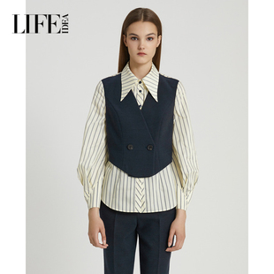女条纹气质好看衬衣 复古学院风假两件衬衫 莱芙艾迪儿秋冬经典 个性