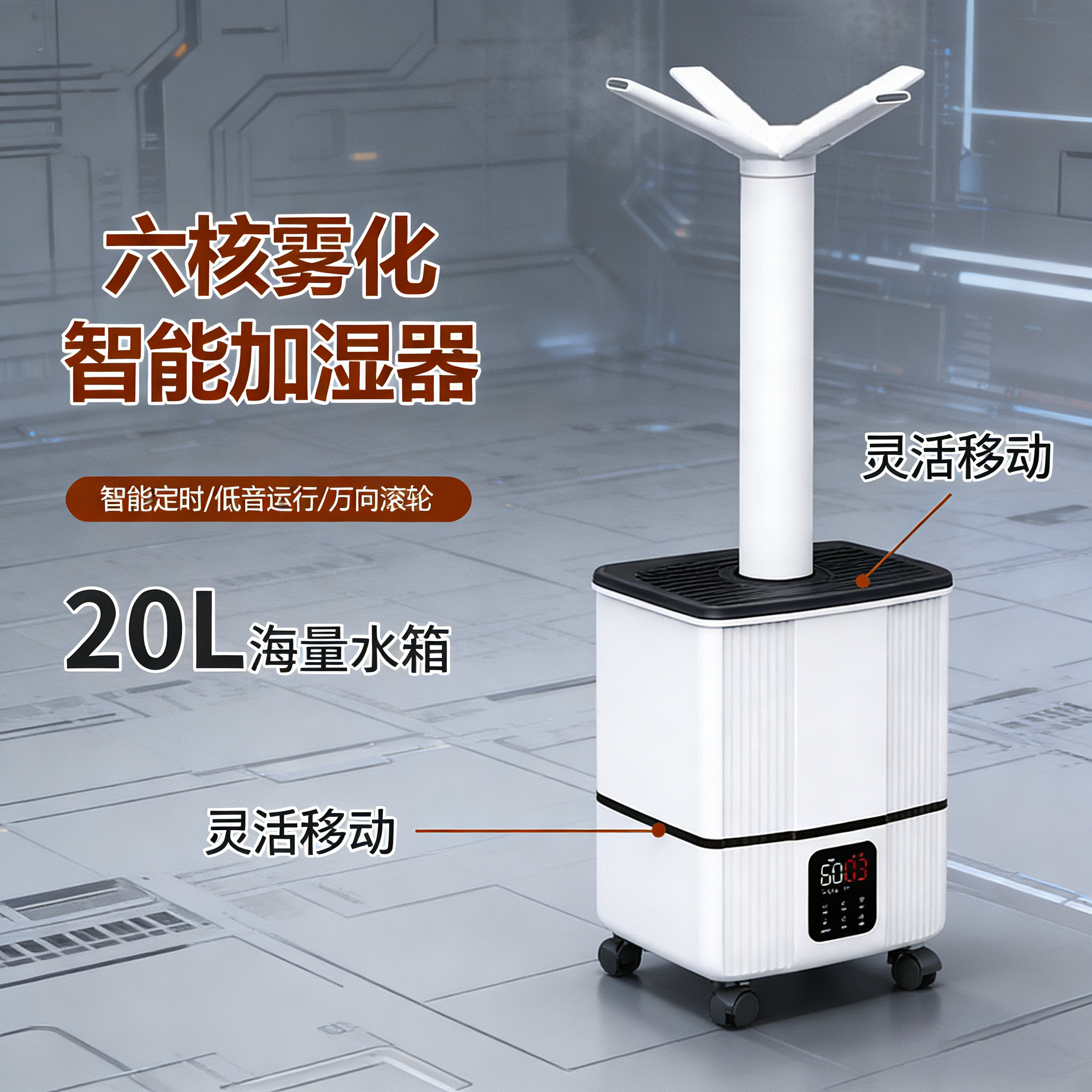 -六核雾化智能加湿器智能定时低音运行万向滚轮海量水箱,生活电器,加湿器,淘宝优惠券,粉丝福利购,淘宝优惠卷