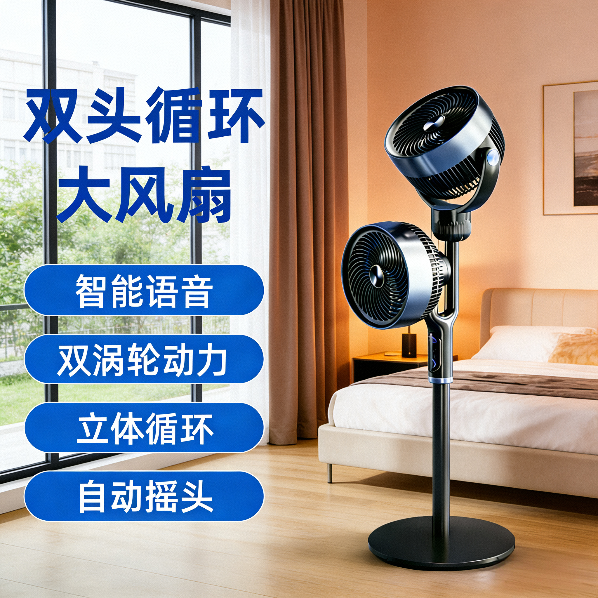2026新款双头风扇落地循环扇语音遥控静音对流度摇头家用智能语音