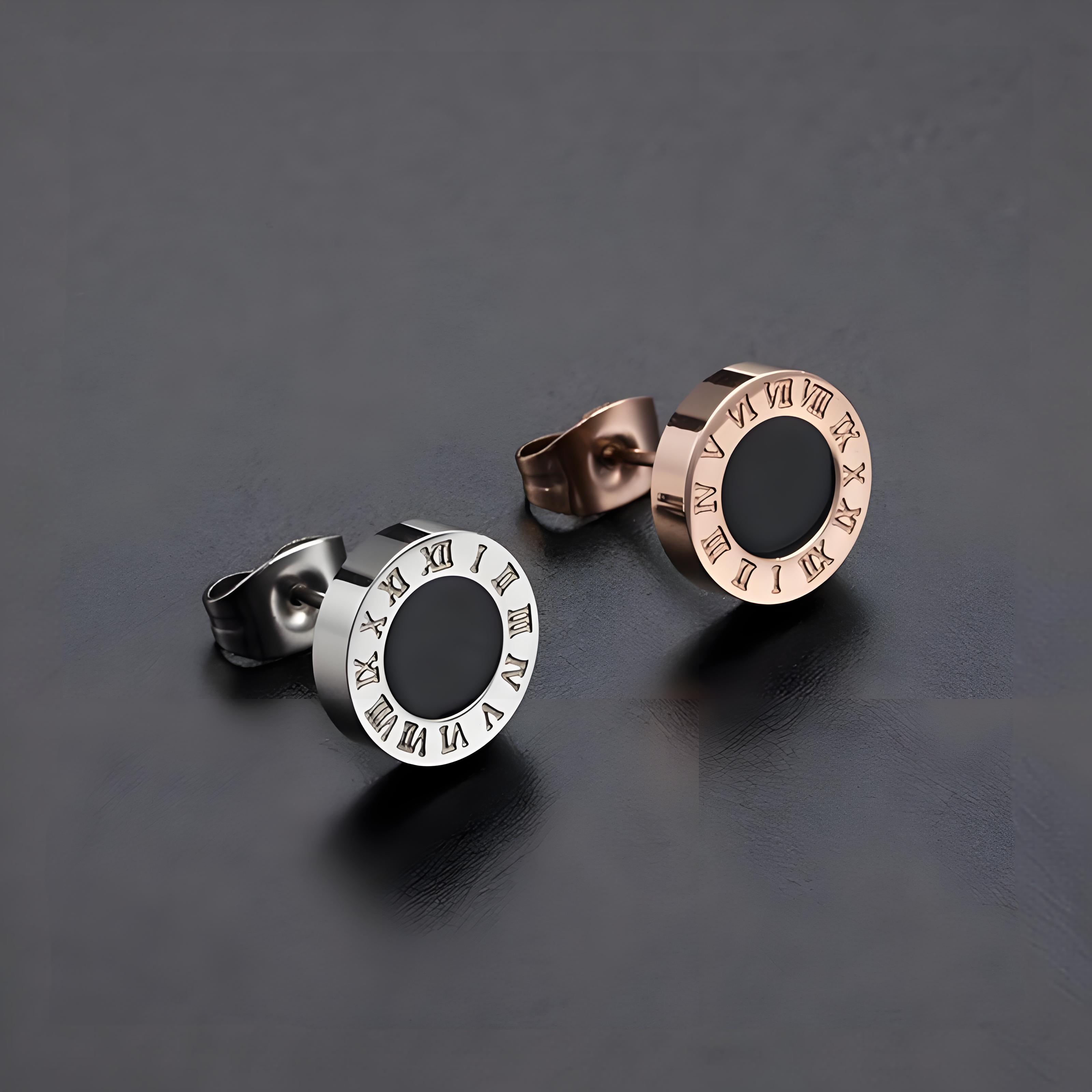 合金耳饰 【轻奢好物】耳钉男罗马字母黑贝圆形耳饰轻奢百搭耳环�