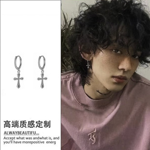 黄铜耳饰 十字架耳环高级感痞帅冷淡风美式嘻哈女素圈耳钉男耳坠