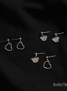S925小巧原宿ins风复古少女心爱心小熊甜酷耳环简约钢制耳饰耳坠