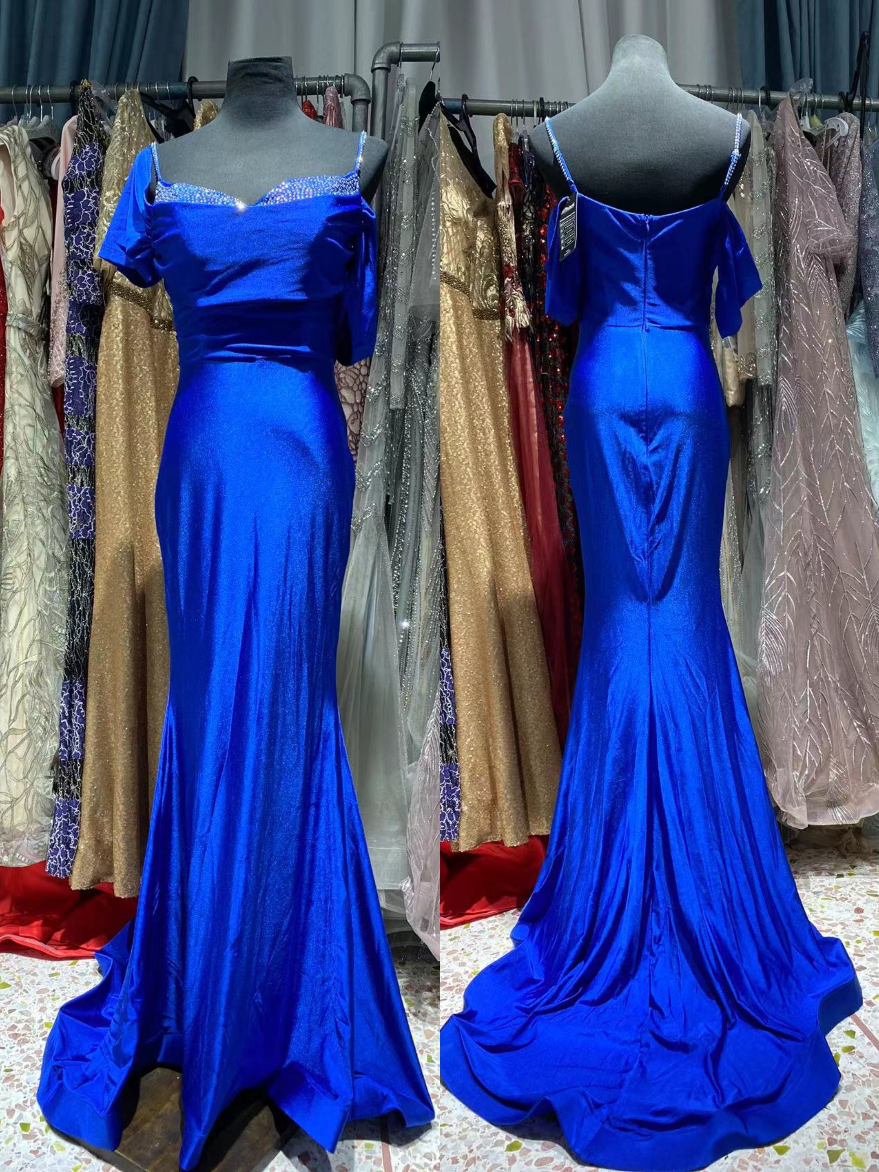 欧美修身吊带礼服一字肩鱼尾重工长裙主持年会聚会生日会长裙