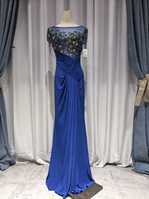 068蓝色蕾丝排花透视露背婚礼新娘礼服晚宴晚会舞台主持人礼服