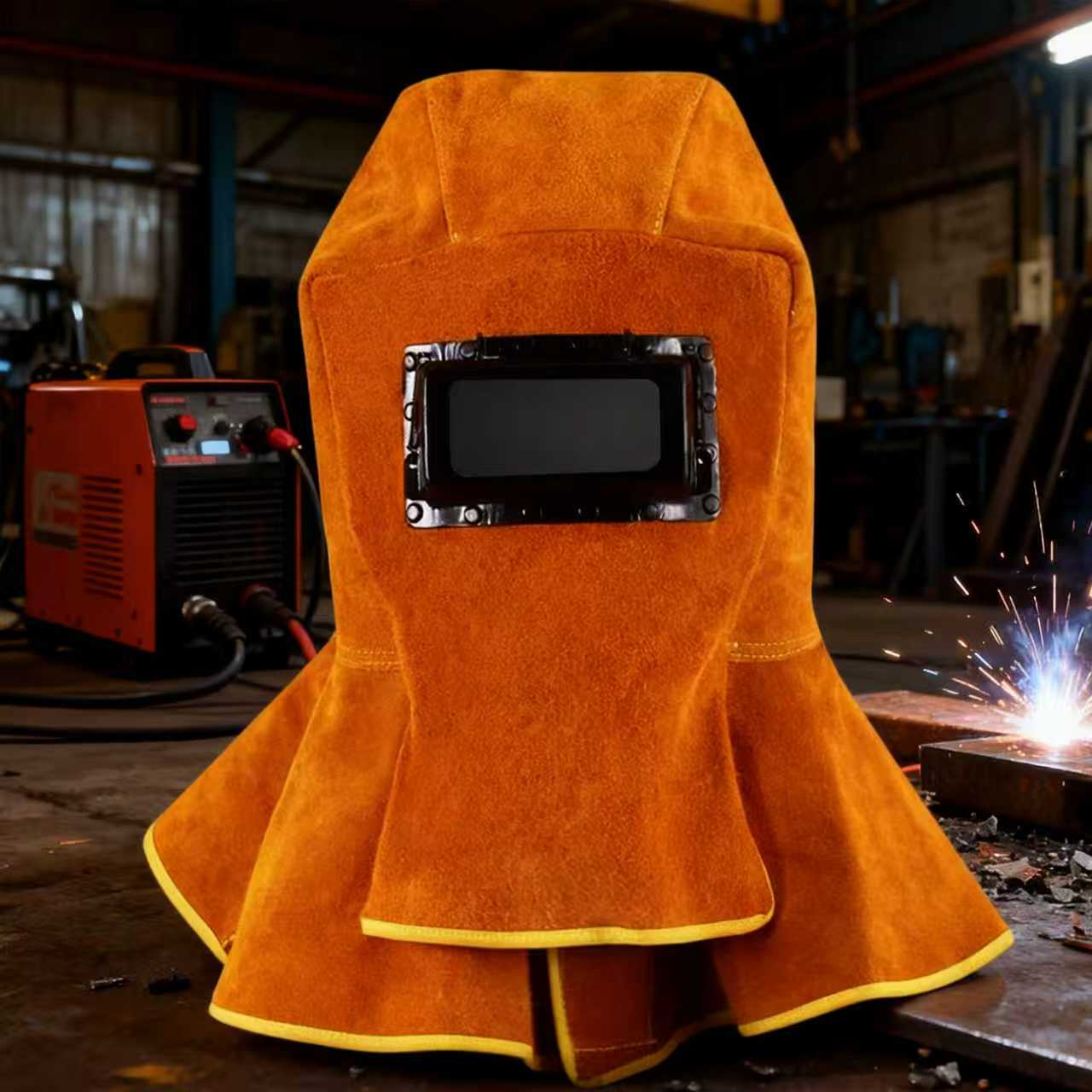 电焊面罩牛皮披肩帽头戴式