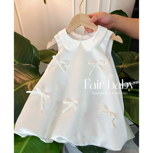 女宝儿童周岁生日抓周花童婚纱礼服公主裙无袖背心裙夏款高端白色