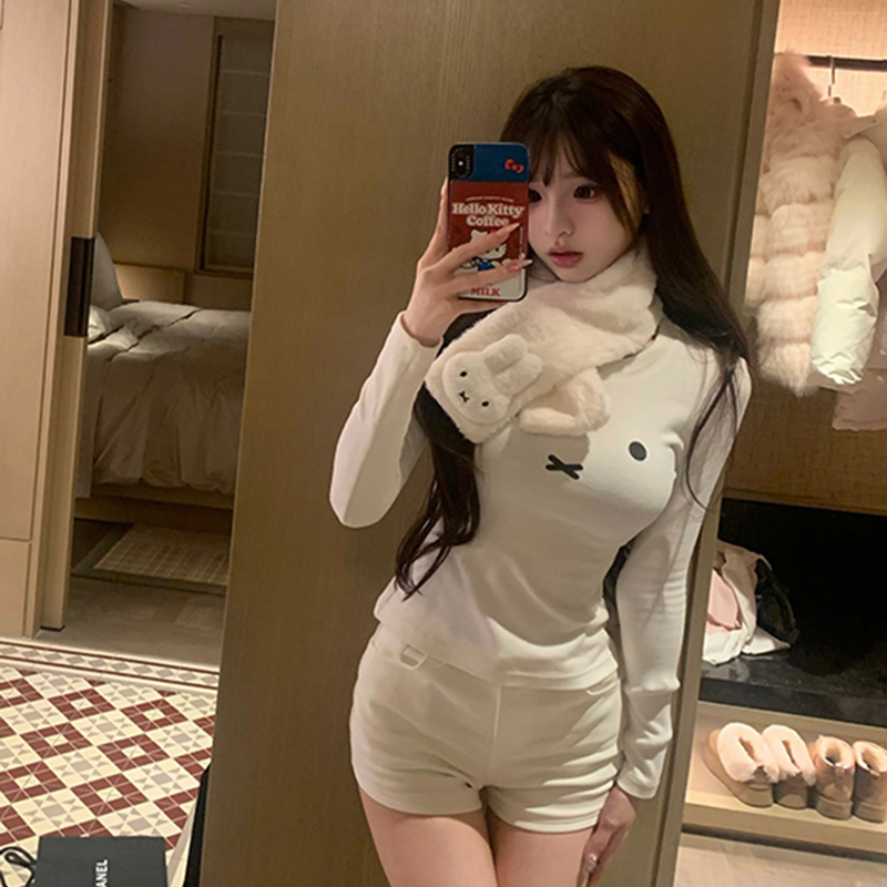 白色印花加绒长袖t恤女设计感小众内搭修身气质打底衫上衣秋冬季