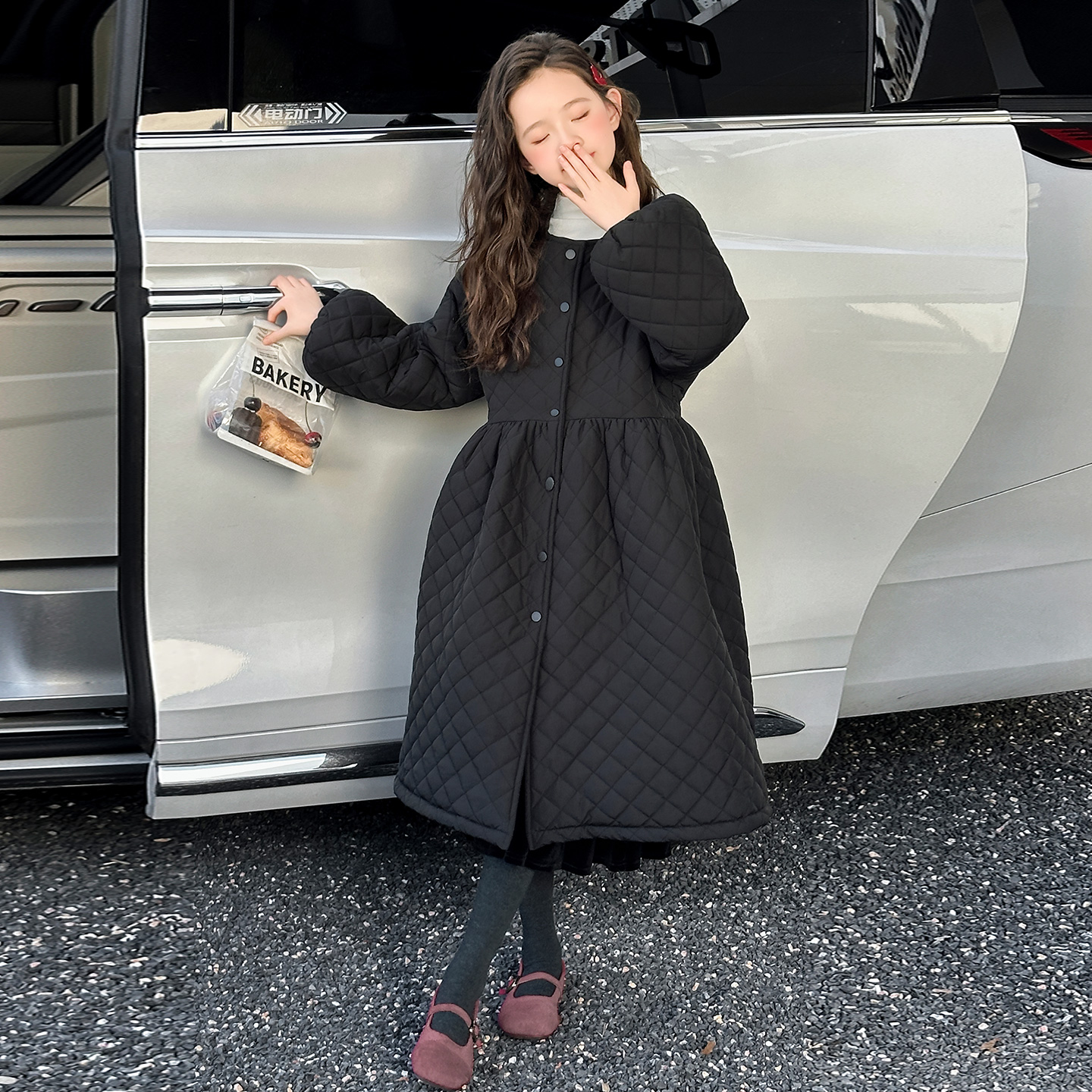 女童长款棉服秋冬款儿童时髦夹棉连衣裙2025新款大童夹棉外套洋气