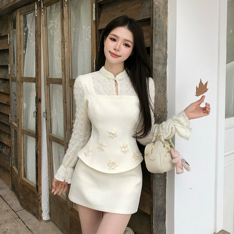 高级感假两件立体花朵上衣女设计感小众气质半身裙两件套装秋冬季