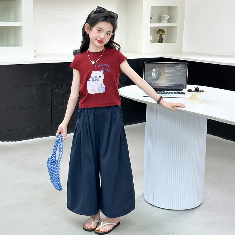 女大童夏季短袖t恤套装2025新款韩版洋气儿童休闲阔腿裤两件套薄9