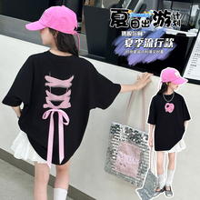 女童夏装短袖T恤2025新款儿童洋气蝴蝶结上衣中大童女孩黑色半袖