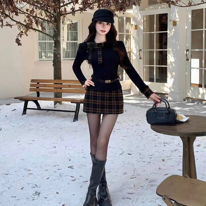 蝴蝶结拼接设计感修身针织上衣女格子包臀半身短裙两件套装秋冬季