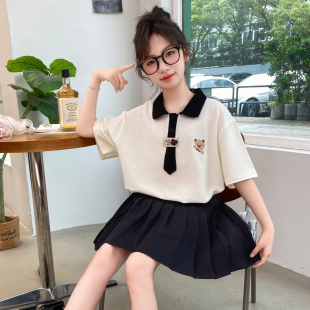 polo衫 女童jk套装 女大童夏装 夏季 两件套儿童夏天黑色裙子 2025新款