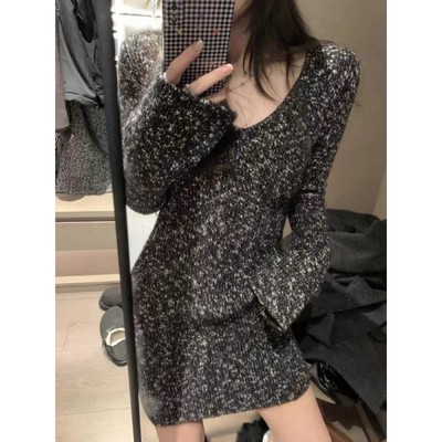 法式纯欲内搭打底针织连衣裙子女设计高级感小众V领黑色短裙冬季