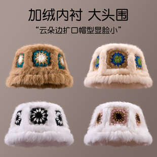 加绒加厚内衬大头围兔毛醒狮渔夫帽女秋冬针织毛线帽毛毛绒保暖