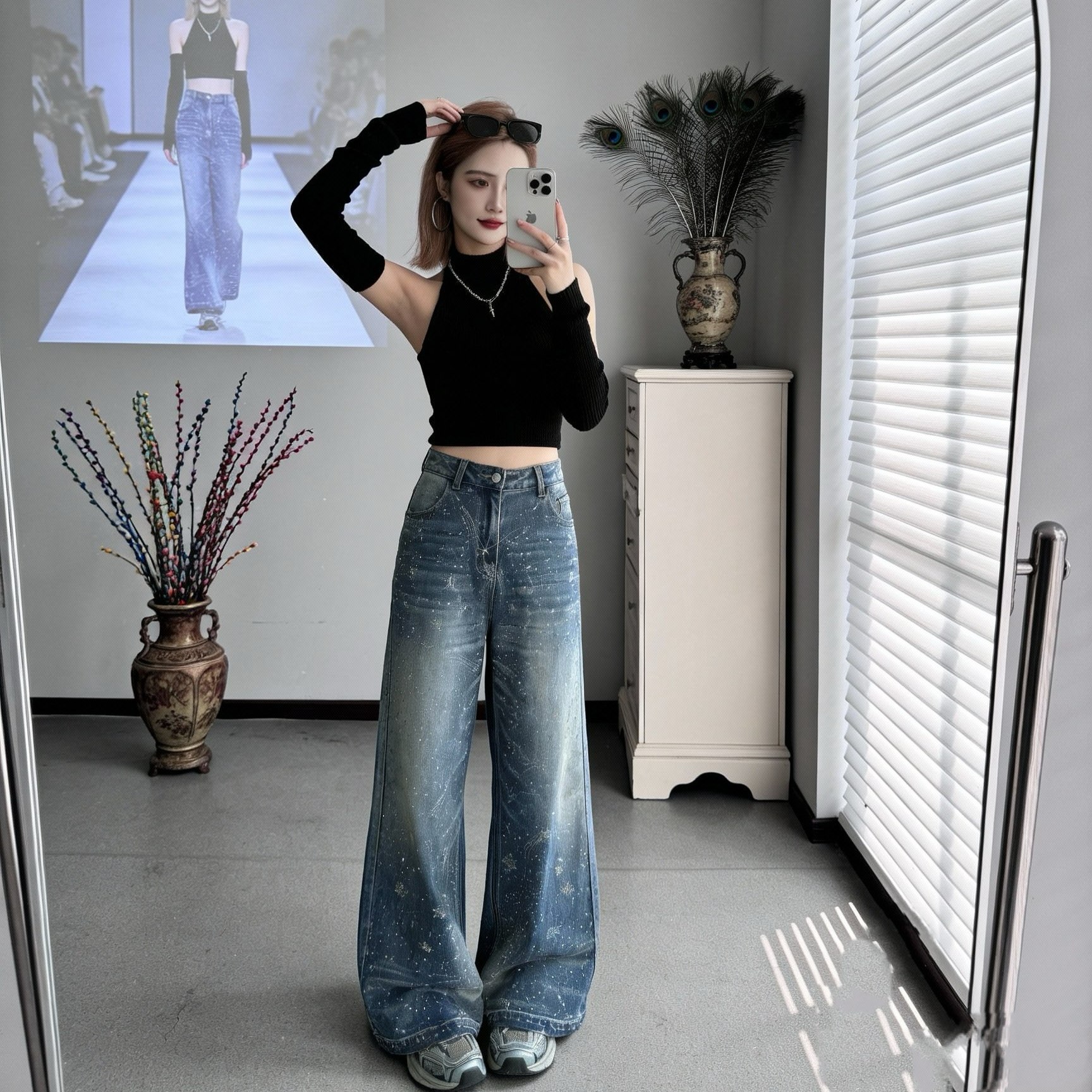 【繁星】春季新款爆闪高腰显瘦时尚重工蓝色窄版阔腿牛仔裤阔腿裤