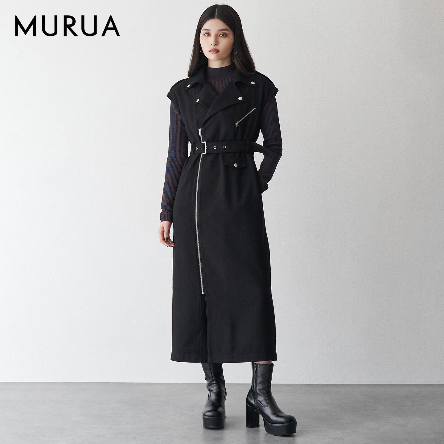 MURUA25秋季女叠穿修身腰带拉链无袖风衣背心连衣裙0125503002