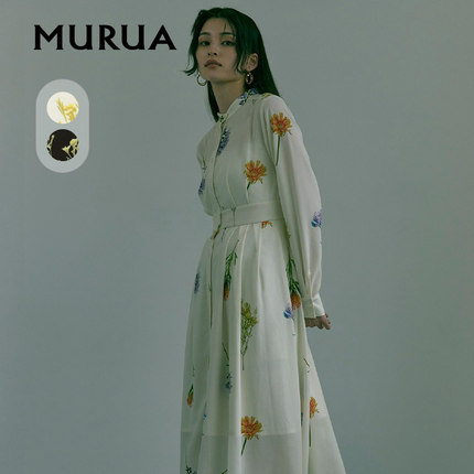 MURUA2024春季新款森系气质成熟优雅茶歇立领收腰花卉连衣裙