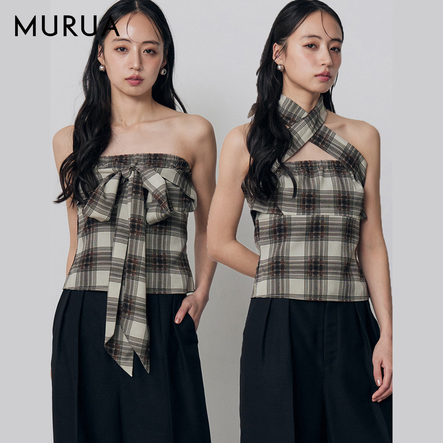 MURUA26夏季新品日系格纹系带多穿法挂脖抹胸吊带衬衫0126304004