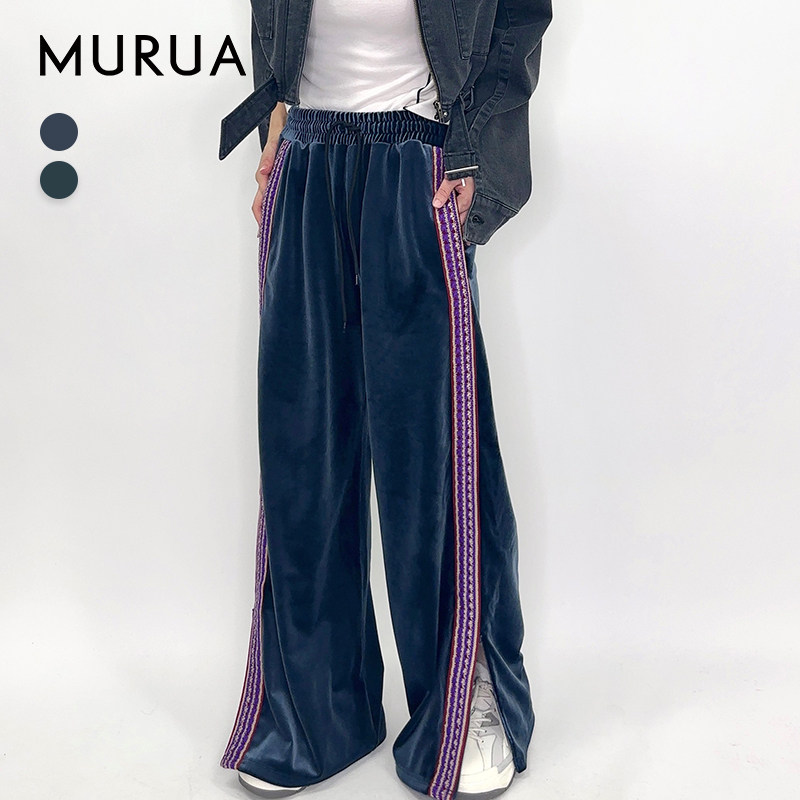 MURUA冬季日系宽松休闲轻奢气质感丝绒花边运动长裤女0124407900