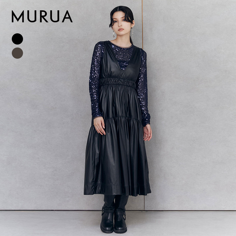 MURUA2024冬季新品时尚百搭通勤仿皮革腰部褶皱背心裙0124503003,女装/女士精品,连衣裙,淘宝优惠券,粉丝福利购,淘宝优惠卷