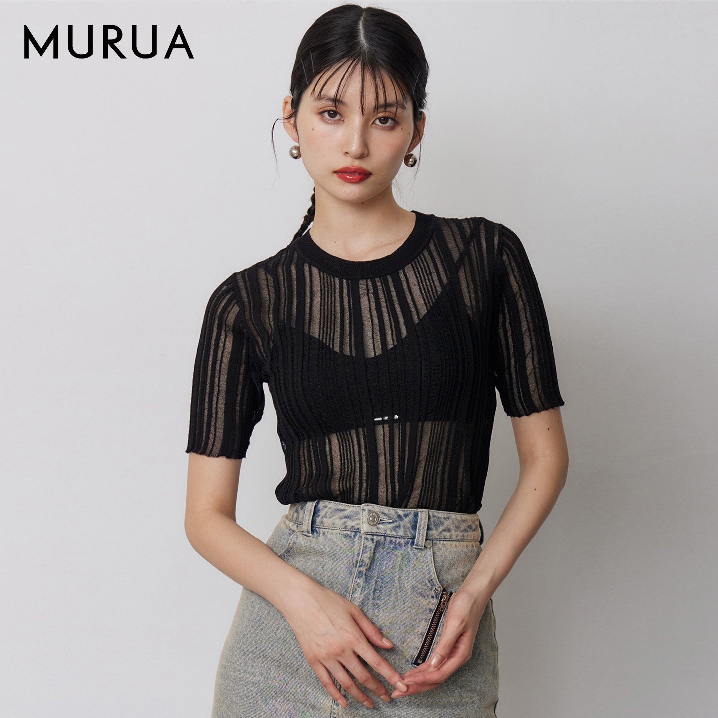 MURUA26春季新品半透网纱不规则竖条提花短袖毛针织衫0126226054