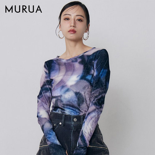 MURUA26早秋天鹅绒印花上衣女可单穿时髦内搭复古光泽感长袖打底