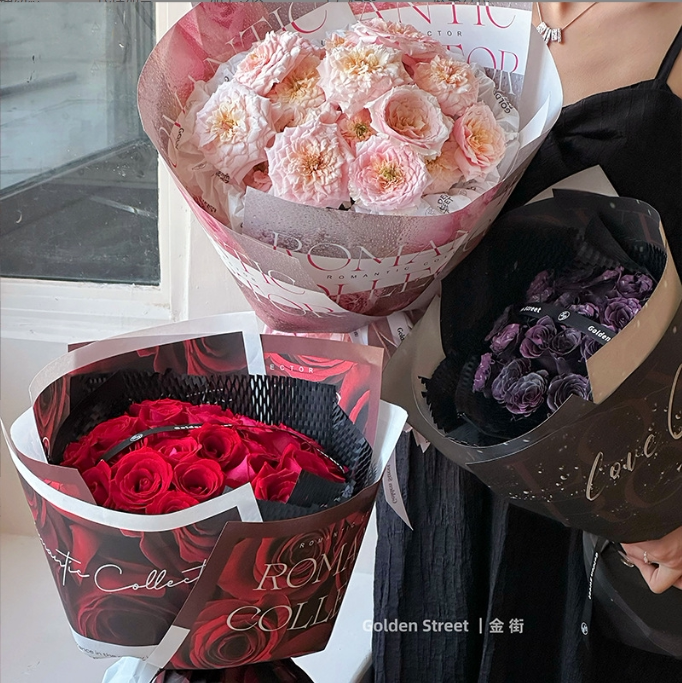 雨后玫瑰时尚风格画报鲜花包装纸花艺英文报纸花束包花礼品材料花