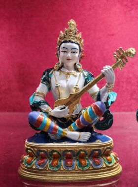 妙音佛母/妙音天女/央金玛/10cm彩绘紫铜佛像佛堂供奉摆件