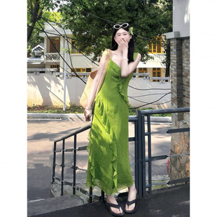 夏日绝美荷叶边绿色碎花吊带连衣裙女海边度假 高品质优质质量
