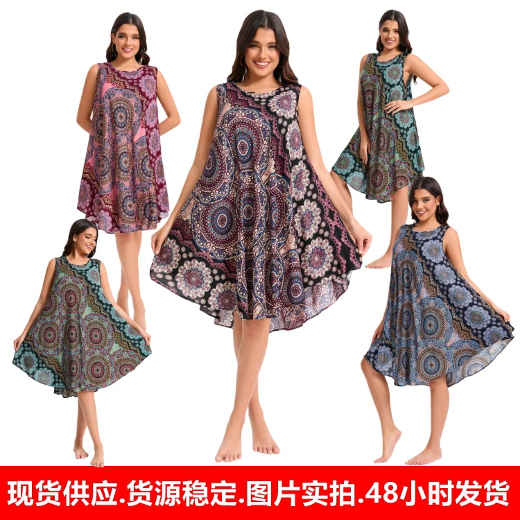 高品质B004跨境新款波西米亚宽松大码休闲棉绸欧美连衣裙沙滩