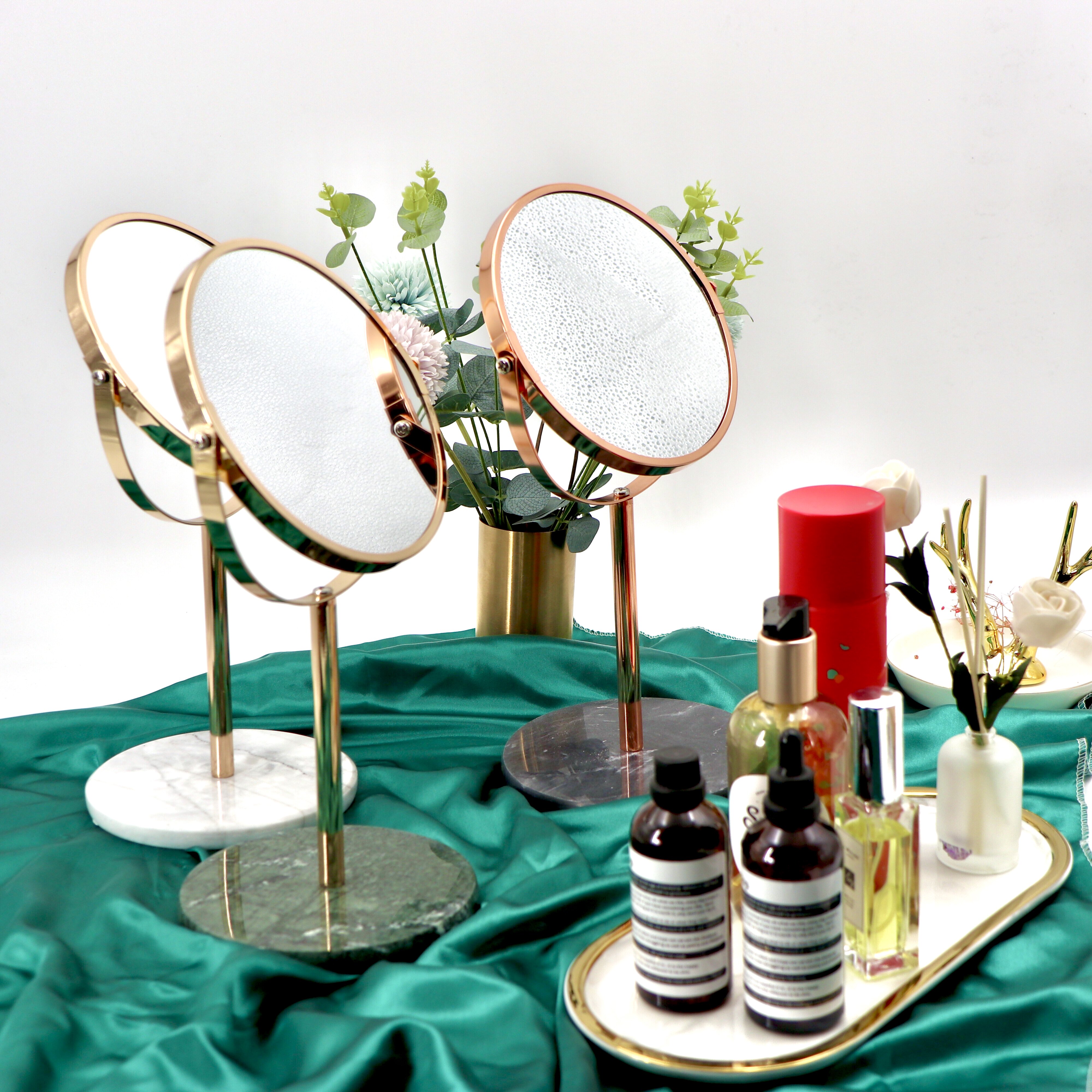 大理石底托桌面梳妆镜北欧风复古高清双面放大化妆镜台式珠宝收纳
