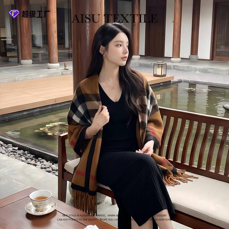 定制logo秋冬款仿羊绒围巾女加厚开衫款披肩外搭坎肩提花流苏围脖