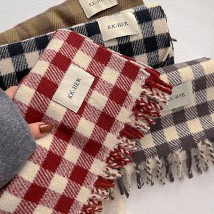 定制logo仿羊绒红色小方格子男女围巾百搭保暖围脖流苏冬季