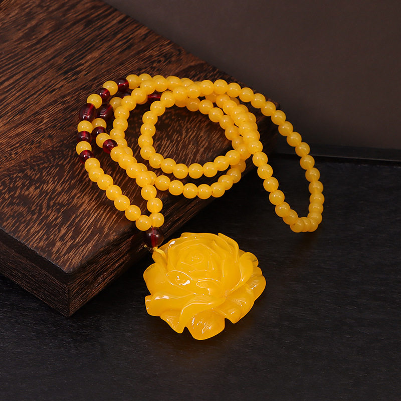 蜜蜡串珠水滴项链吊坠鸡油黄链玫瑰花长款毛衣链挂坠男女配饰旗袍